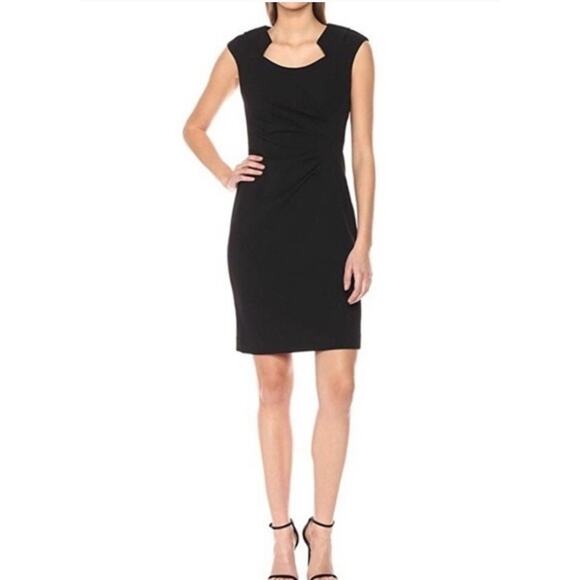 Calvin Klein Black Stretch Ruched Cap Sleeve Sheath Dress Party Work Size 10 - Picture 1 of 8
